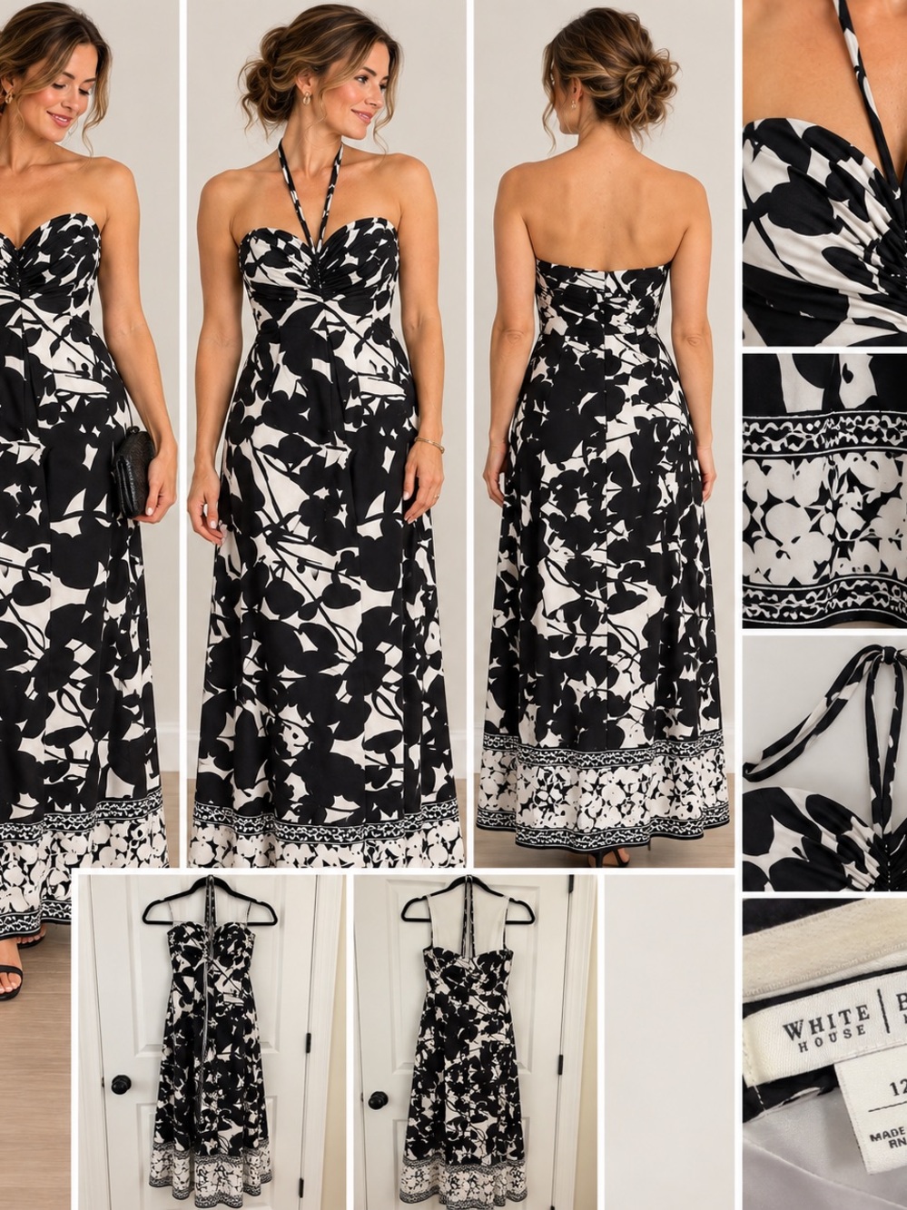 White House Black Market Black & White Convertible Halter Maxi Dress Size 12